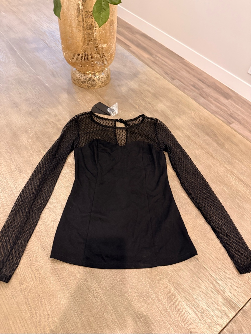 NWT! Guess Black Long-Sleeve Mesh Yoke Top